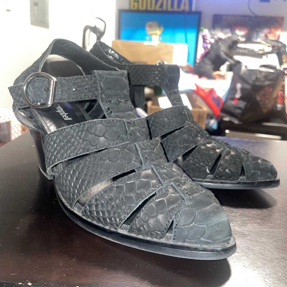 Jeffrey Campbell Angora Black Snake Embossed Leather Caged Block Heel Sandal 7.5